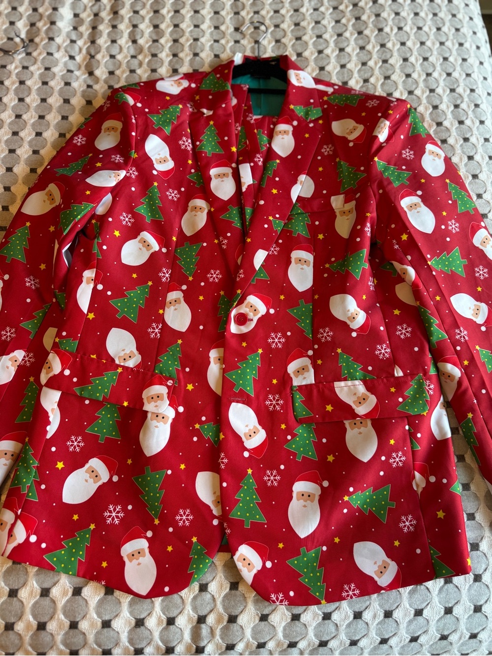 Festive Santa & Christmas Tree Holiday Blazer, Pants, and Tie - Red